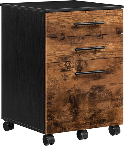 Wooden file cabinet with black top and wheels on a white background