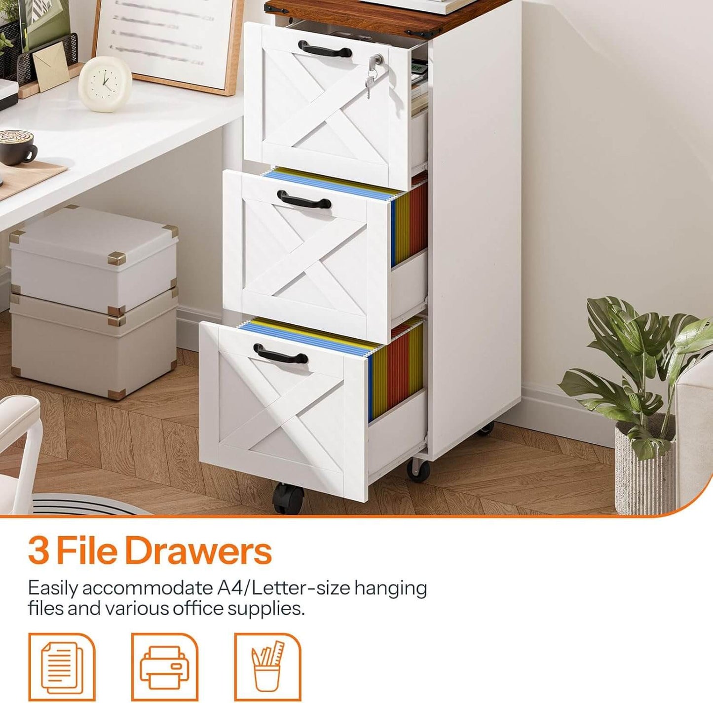 HOOBRO Wooden 3-Drawer Farmhouse File Cabinet for A4 and Letter Size