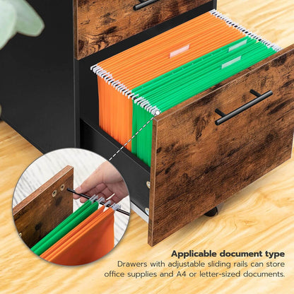 Wooden filing cabinet with open drawer containing colored folders on a wooden desk.