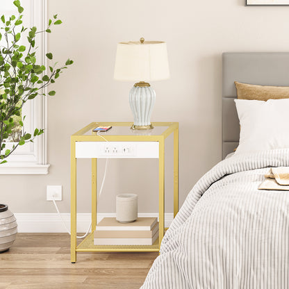 HOOBRO Tempered Glass Side Table with Charging Station / 2PICS