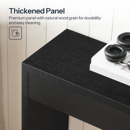 Black thickened panel with natural wood grain on a white surface, featuring text about durability and ease of cleaning.