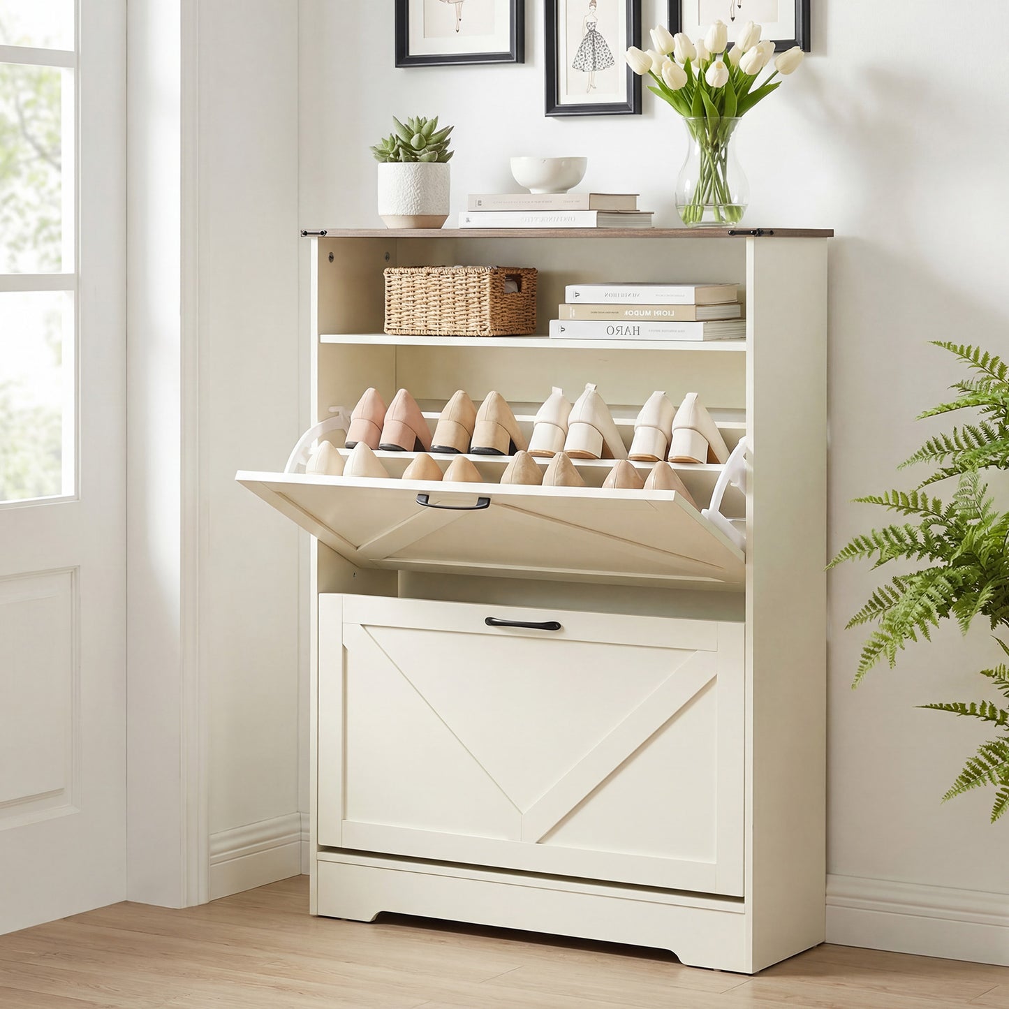 HOOBRO 31.5-inch L Farmhouse Shoe Storage Cabinet with 2 Flip Drawers