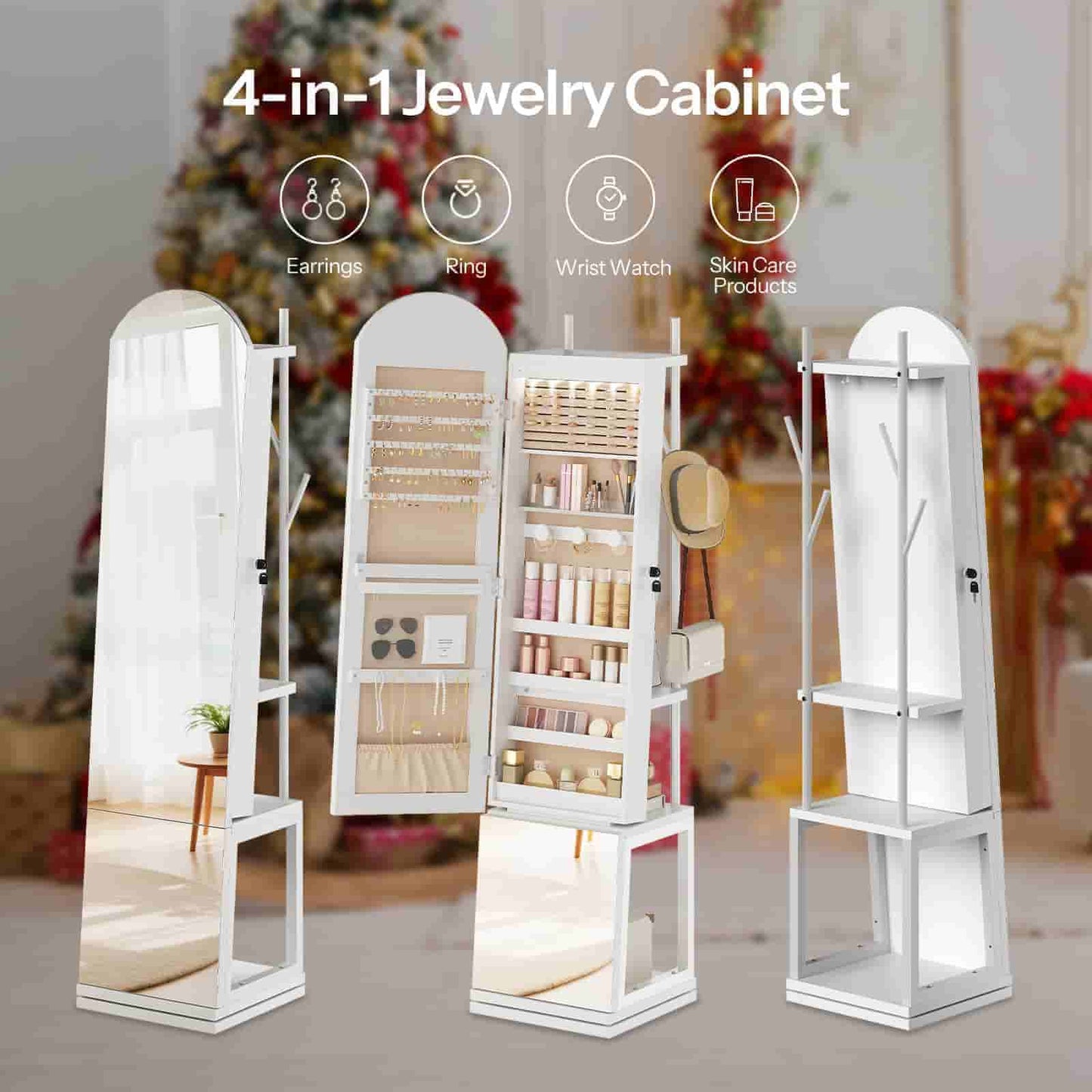 Infographic showing the 4-in-1 functions including jewelry armoire, full-length mirror, storage shelves, and coat rack.
