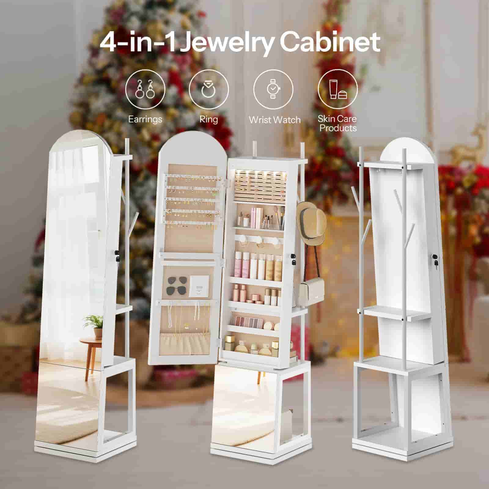 Infographic showing the 4-in-1 functions including jewelry armoire, full-length mirror, storage shelves, and coat rack.