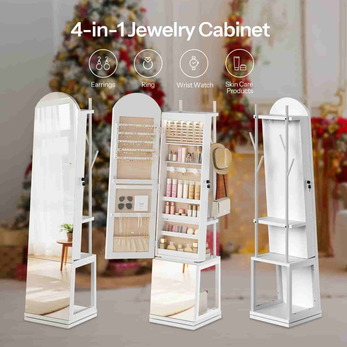Infographic showing the 4-in-1 functions including jewelry armoire, full-length mirror, storage shelves, and coat rack.
