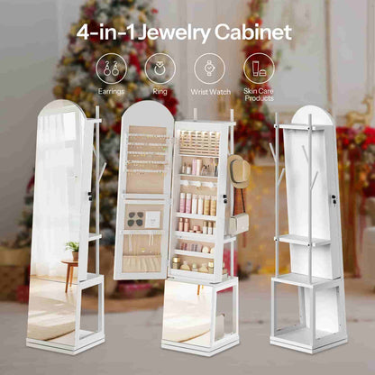 Infographic showing the 4-in-1 functions including jewelry armoire, full-length mirror, storage shelves, and coat rack.