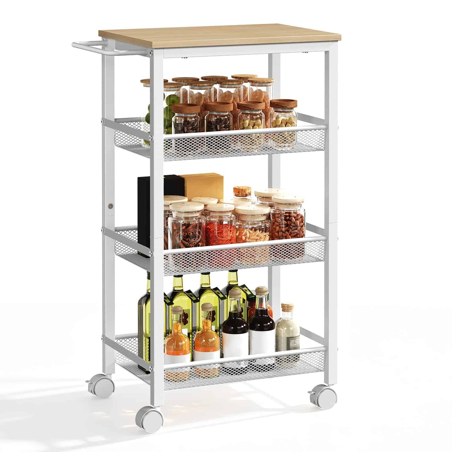 Three-quarter view of a 4-tier white slim utility cart loaded with spice jars, canned goods, and oil bottles on a white background.