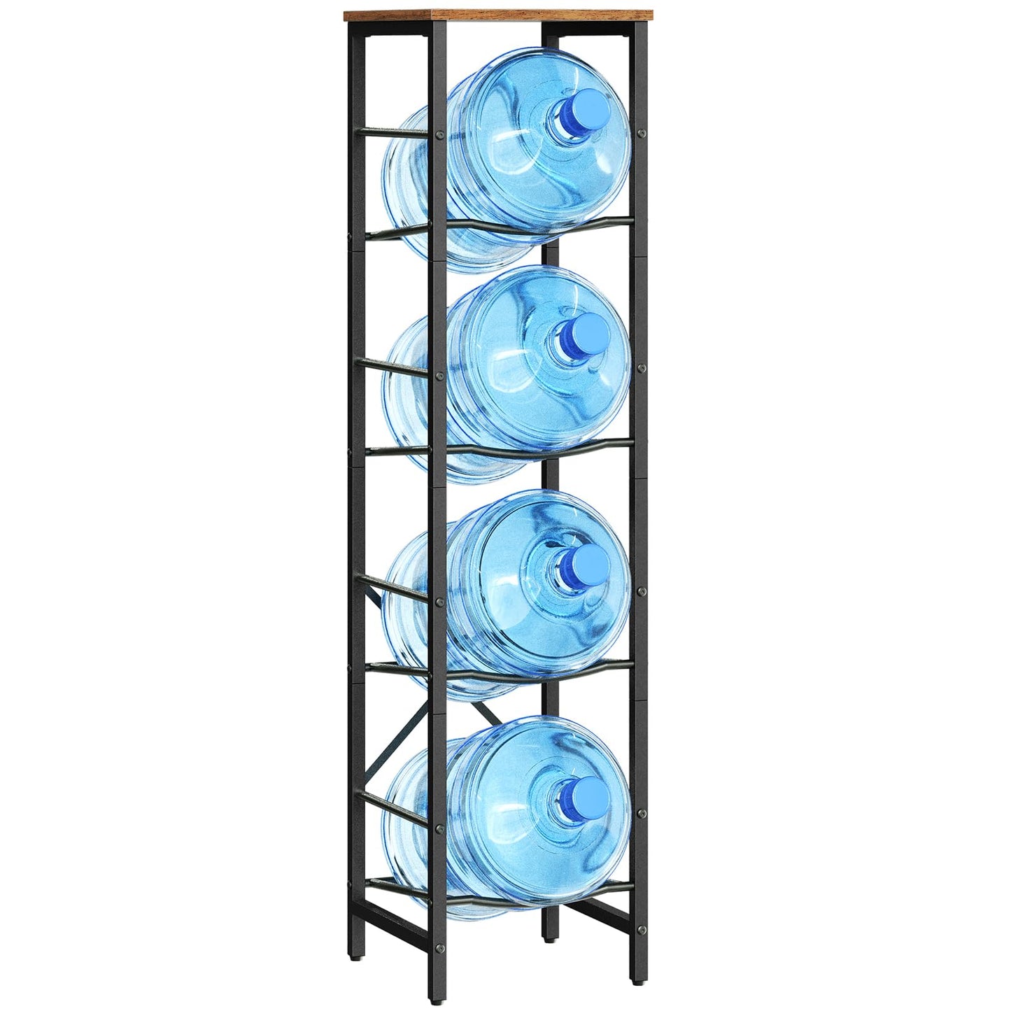 4-tier water cooler jug rack with wooden top shelf holding four 5-gallon blue water bottles.