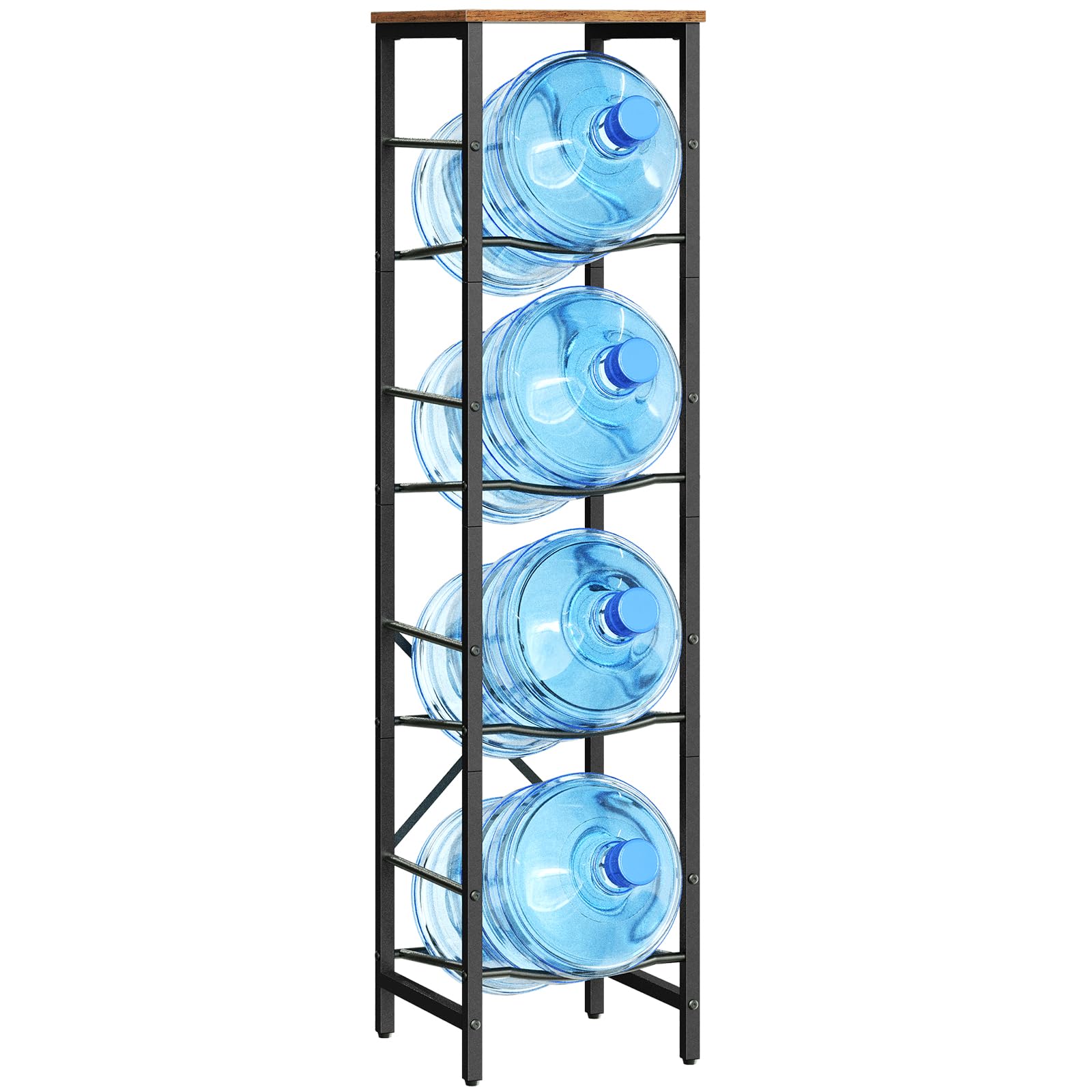 4-tier water cooler jug rack with wooden top shelf holding four 5-gallon blue water bottles.