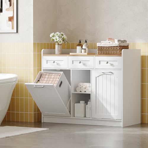 White bathroom cabinet with open door revealing storage items against a tiled wall.