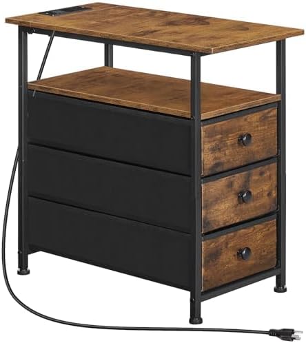 HOOBRO End Table, Narrow Side Table with Charging Station, Nightstand with 3 Non-Woven Fabric Drawers, Bedside Table for Small Spaces, for Living Room, Bedroom, Rustic Brown and Black BF483UBZ01