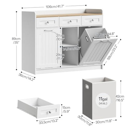 White storage cabinet with dimensions labeled on a white background
