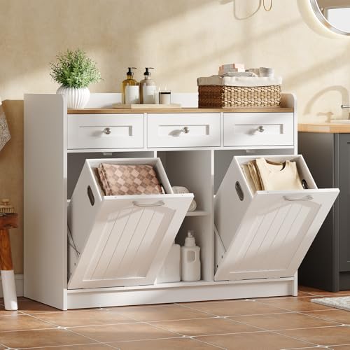 White storage cabinet with pull-out bins in a kitchen setting