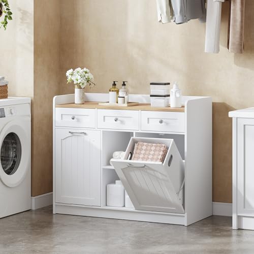White laundry cabinet with wooden top in a laundry room.