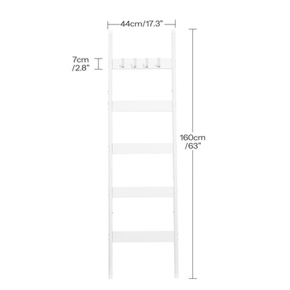HOOBRO Blanket Ladder, 5-Tier Towel Rack with Hooks, Wall-Leaning Blanket Rack, Decorative Display Ladder Shelf, for Scarves, Industrial, Living Room, Bedroom, White WW52CJ01