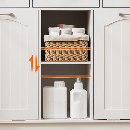 Cabinet with shelves containing cleaning supplies and a woven basket.