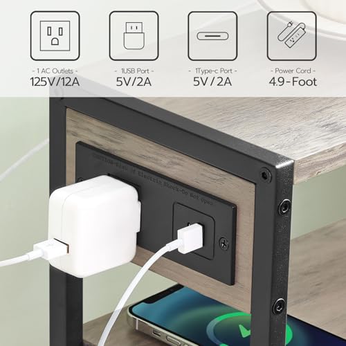 HOOBRO Greige Mini Narrow Side Table with Charging Station & USB Port