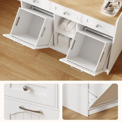 White storage unit with open drawers on a wooden floor.