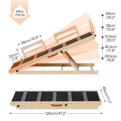 Wooden pet ramp with measurements on a white background
