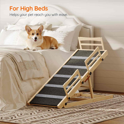 Pet ramp for high beds with a dog on a bed