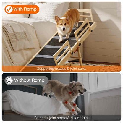 Dog using a ramp to climb onto a bed, with text indicating the benefits of the ramp.
