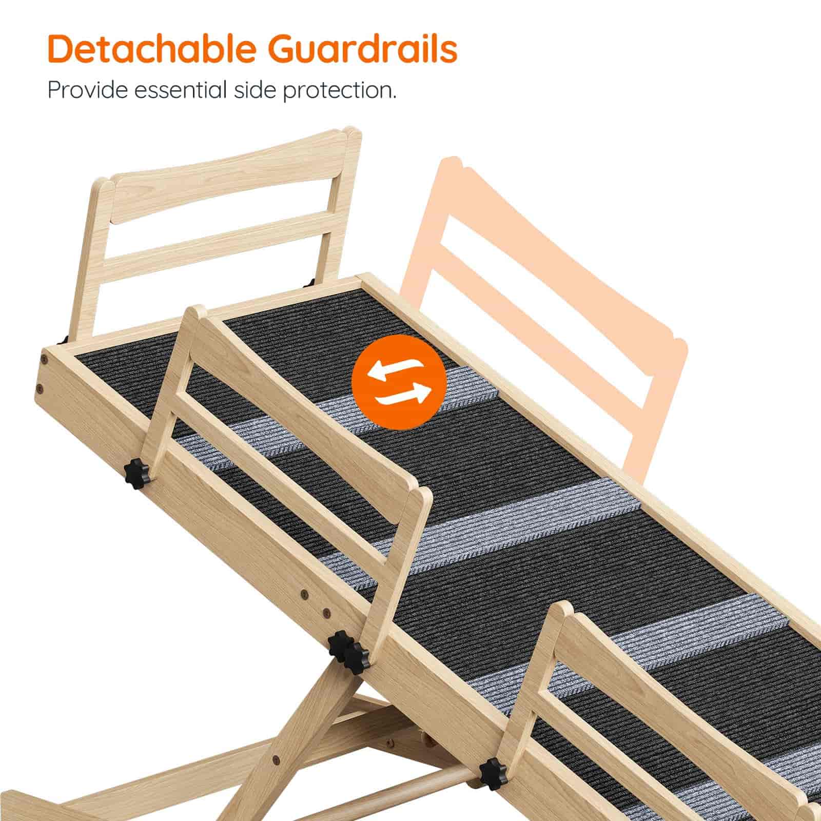 Pet ramp with detachable guardrails on a white background