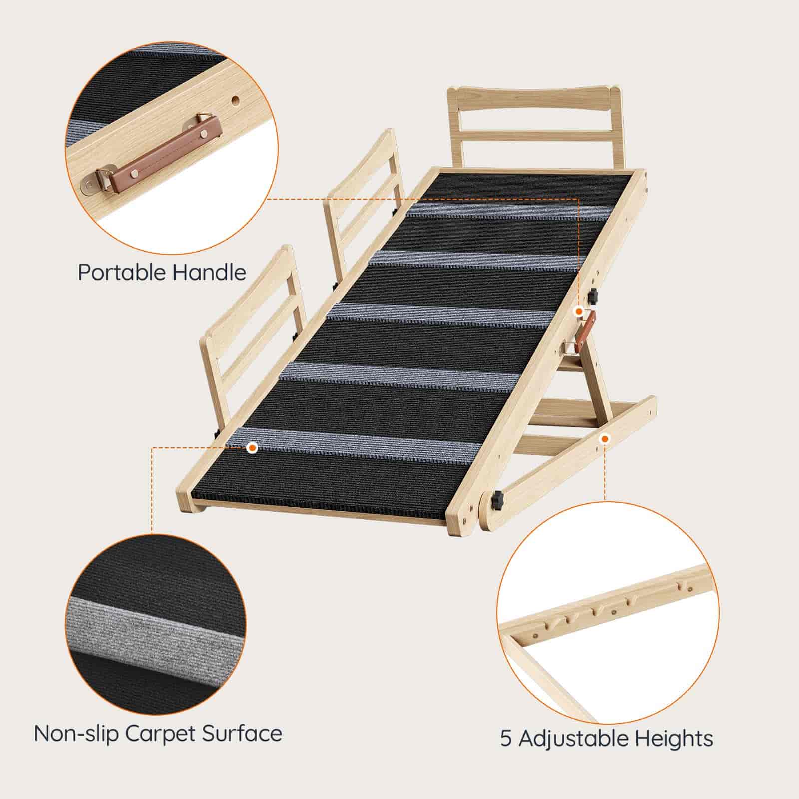 Portable pet ramp with features highlighted on a light background