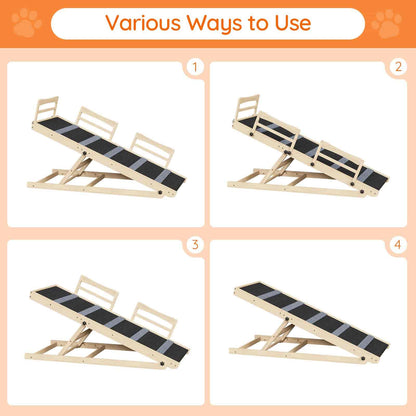 Dog ramp shown in four different configurations with text indicating various ways to use it.