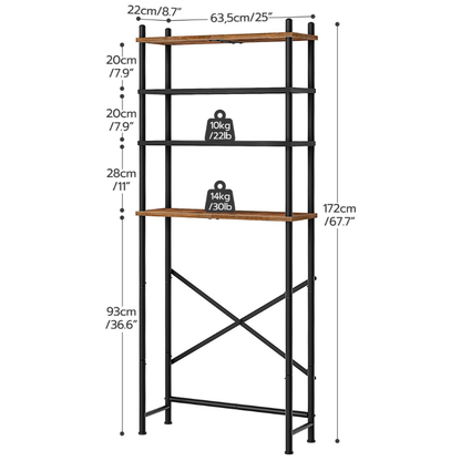 HOOBRO Retro Brown Four-Tier Toilet Above-Room Bathroom Storage Rack with Adjustable Legs