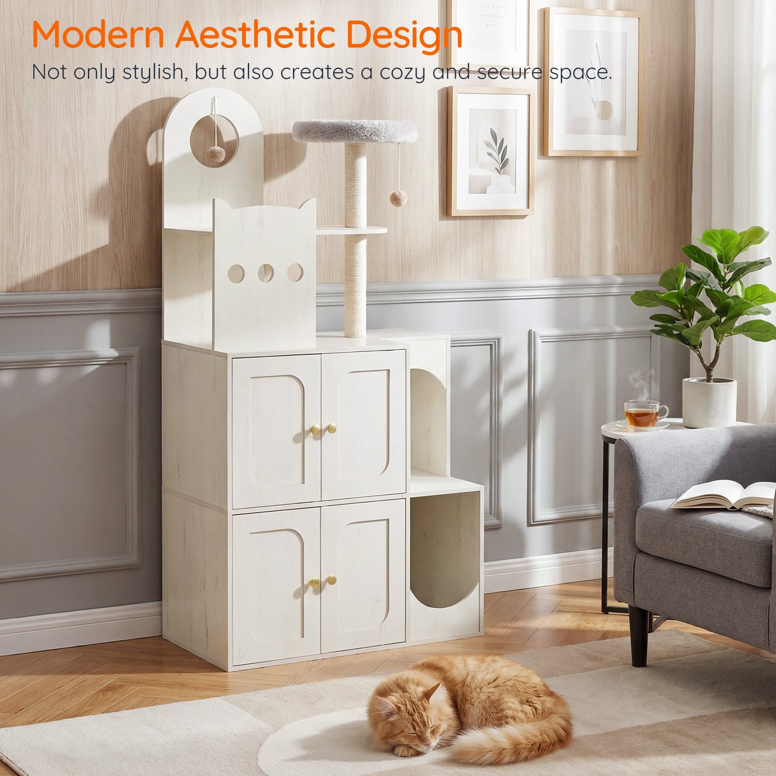 White cat tree with a cozy living room setting, featuring a cat resting on the floor.