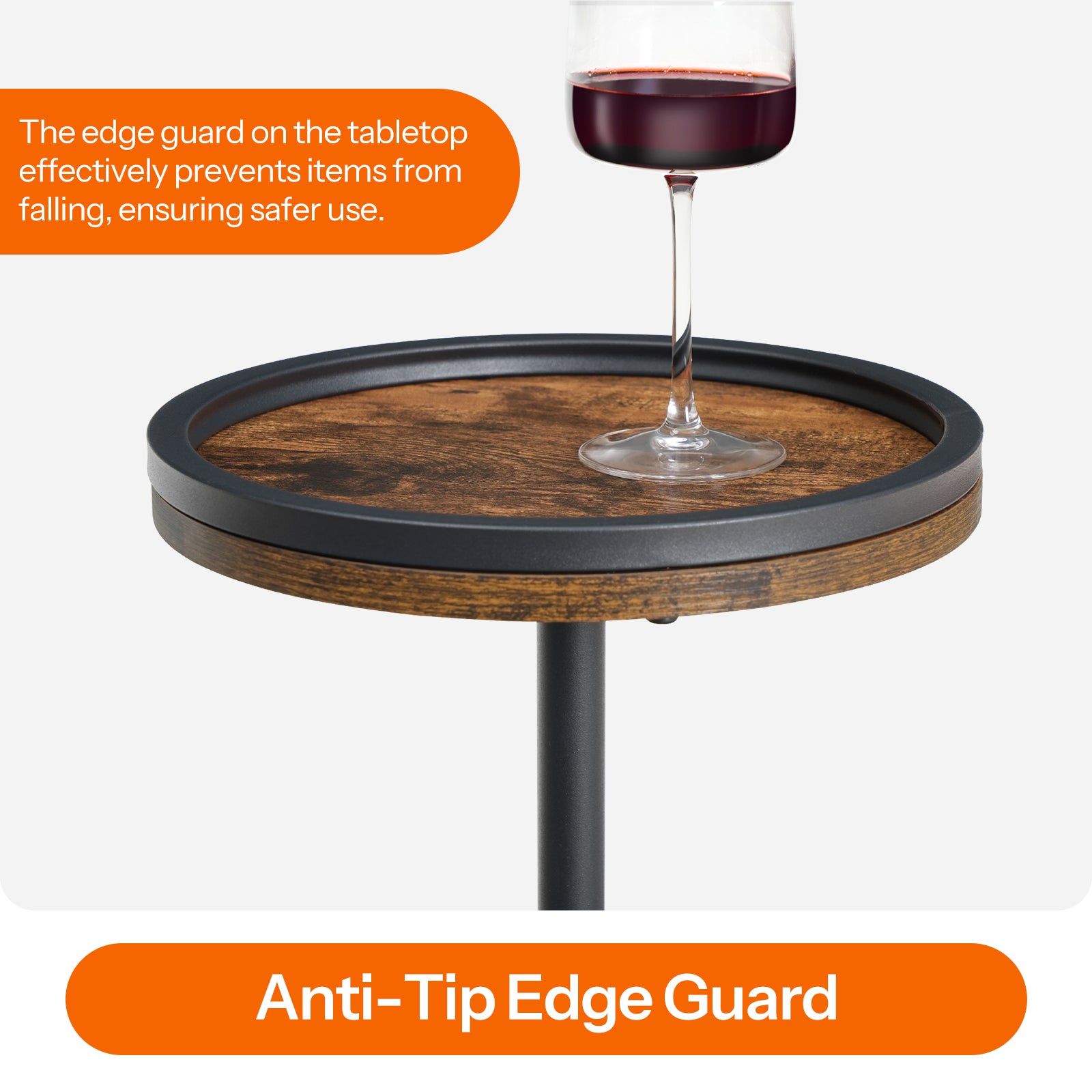 Wooden table with anti-tip edge guard and a glass of red wine on a white background
