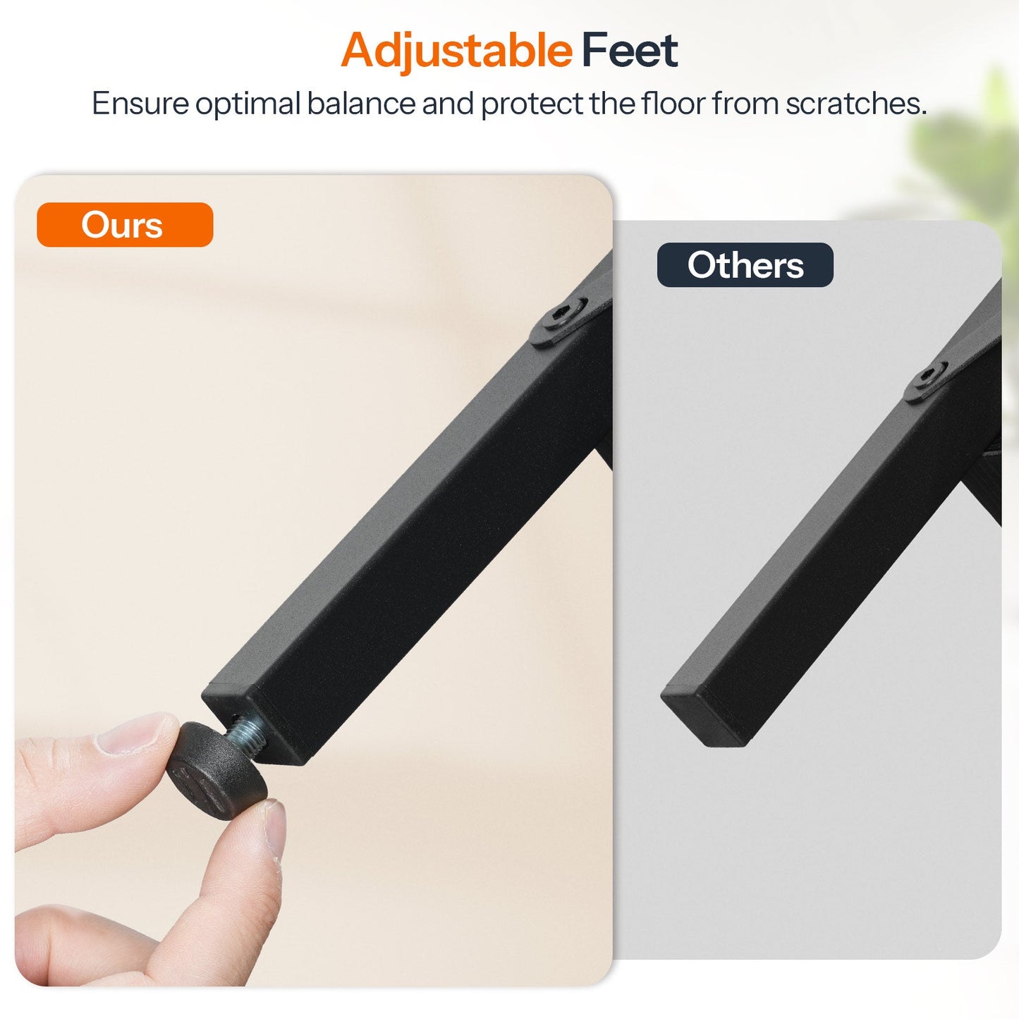 Comparison of adjustable feet on furniture, with 'Ours' shown as superior.