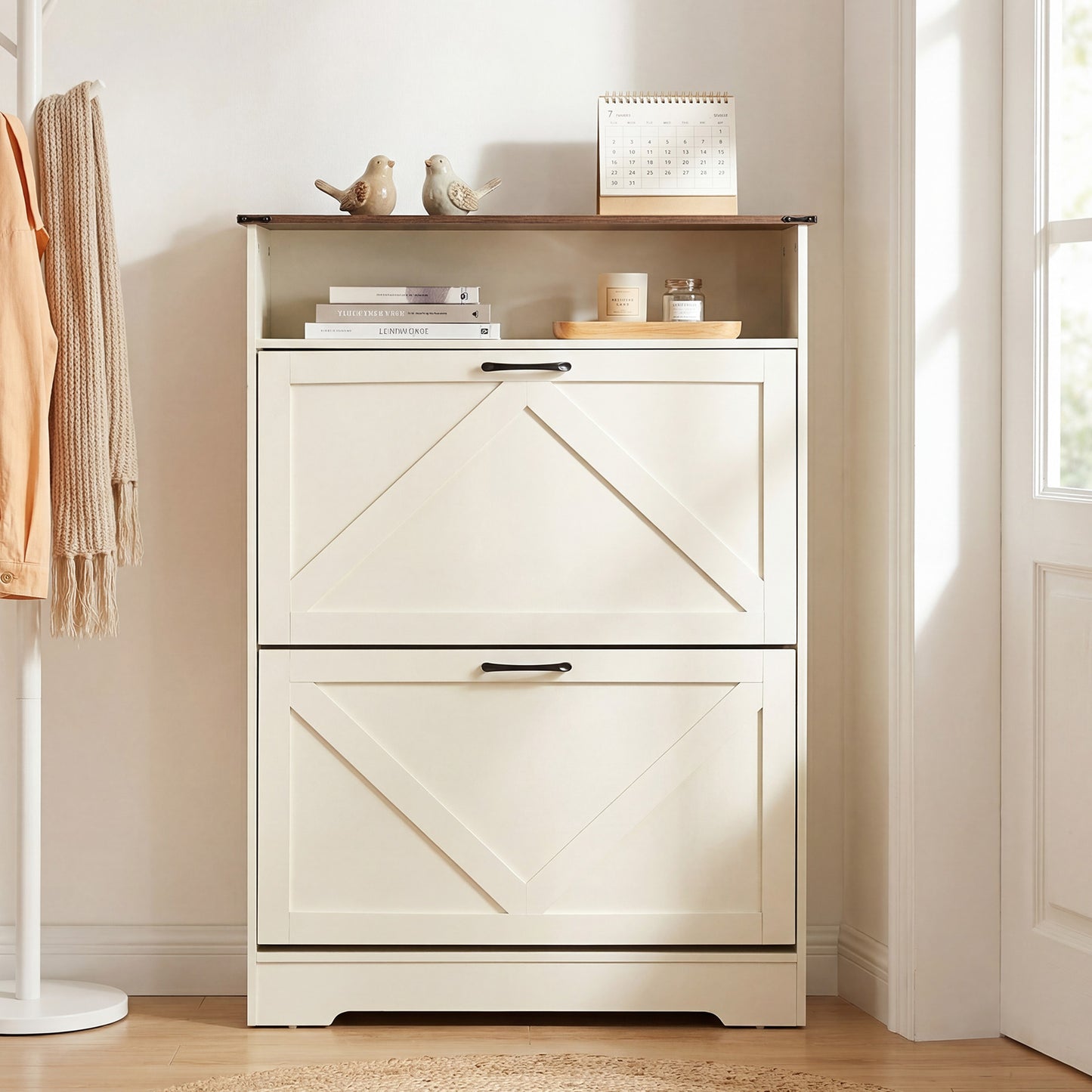 HOOBRO 31.5-inch L Farmhouse Shoe Storage Cabinet with 2 Flip Drawers