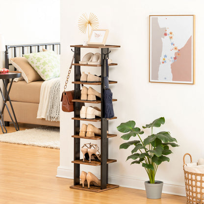 HOOBRO 8-Tier Wooden Vertical Shoe Rack with Hooks