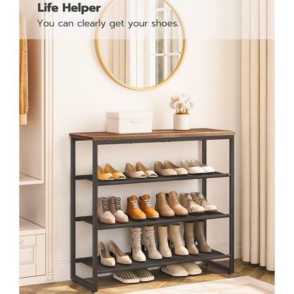 HOOBRO 4-Tier Industrial Style Shoe Rack with 3 Oxford Fabric Shelves