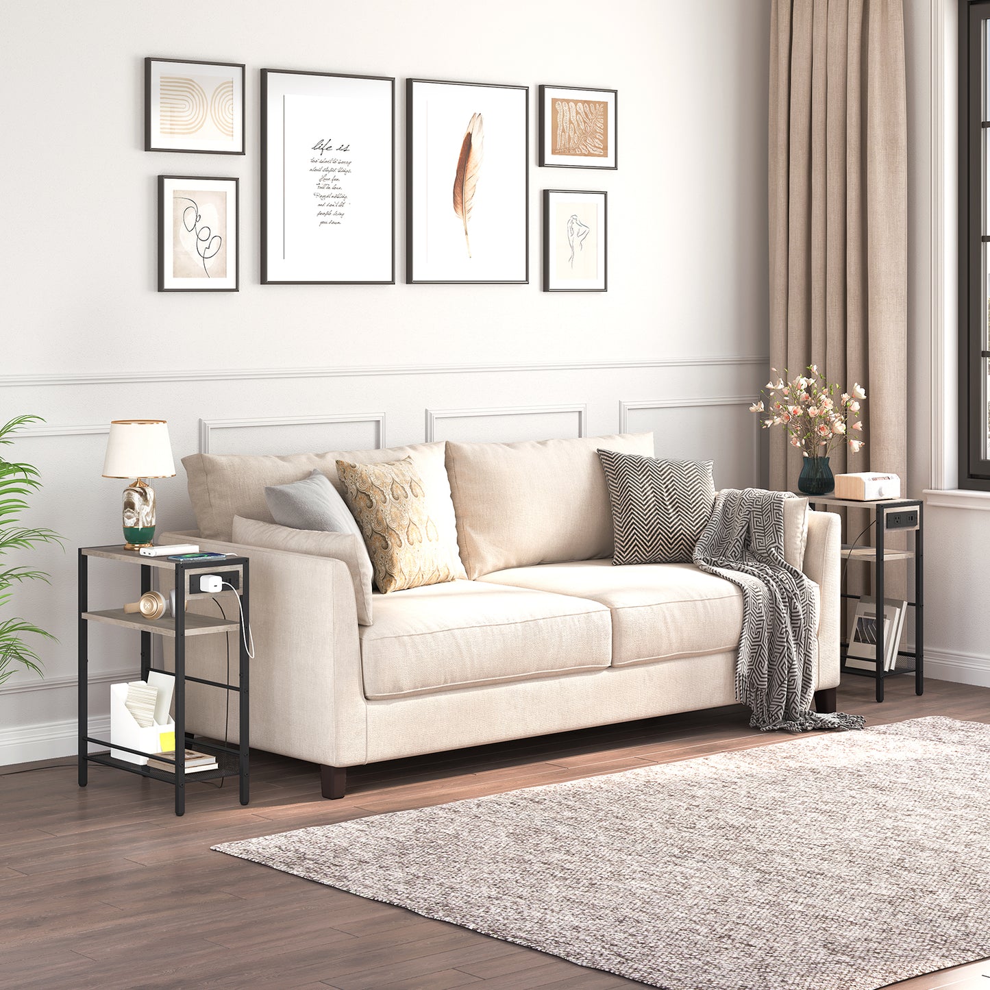 HOOBRO Small Narrow Side Table with Charging Station