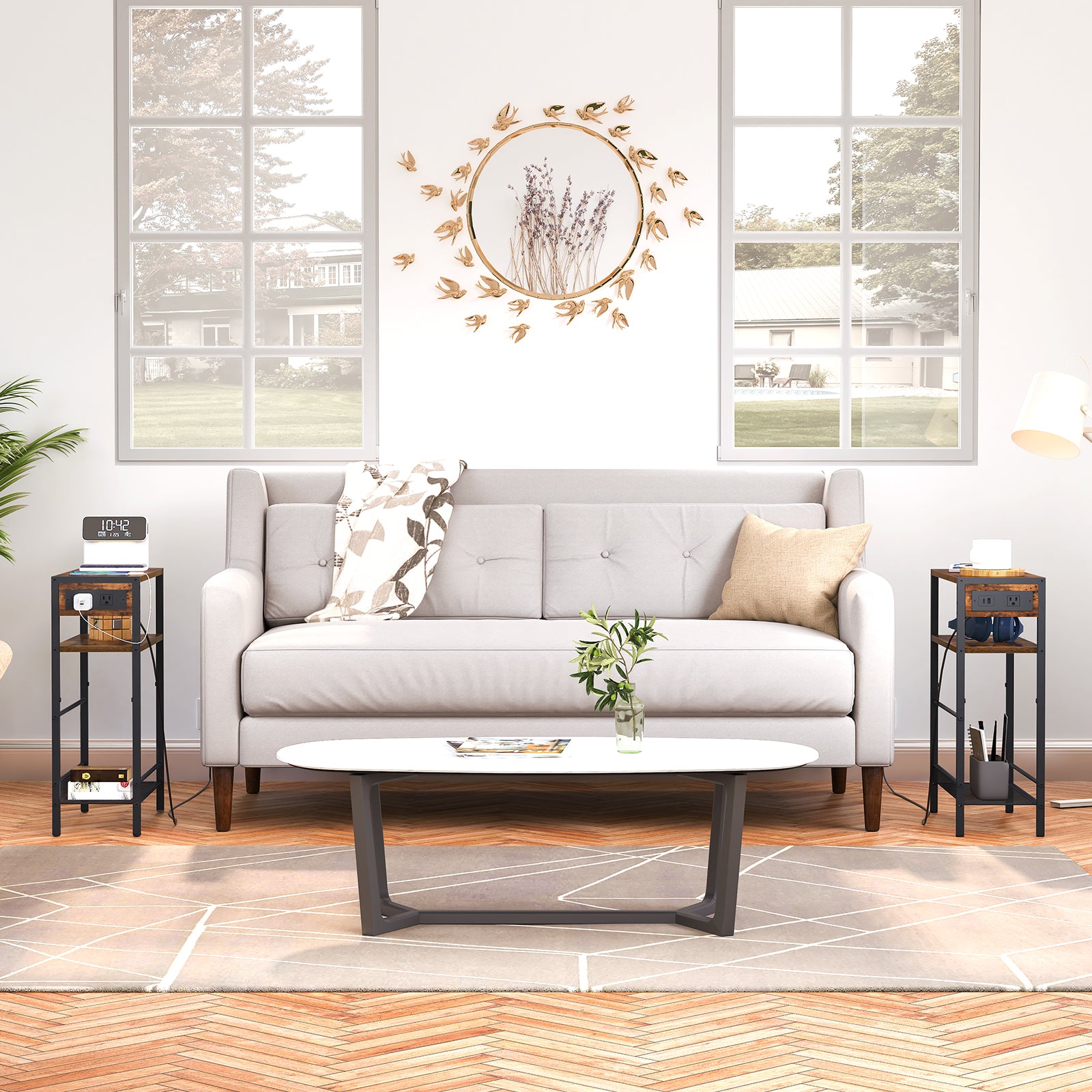 Modern living room with a gray sofa, coffee table, and decorative elements.