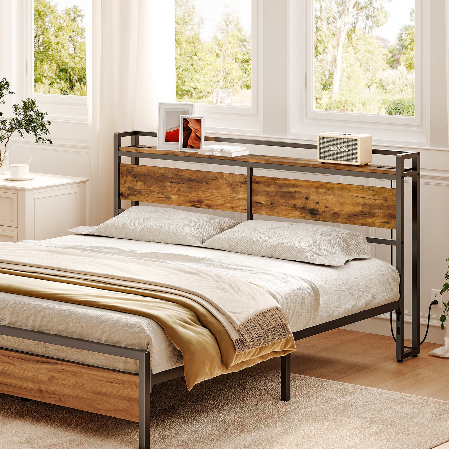 HOOBRO Height-Adjustable Queen Size Headboard with 2 Power Outlets & 4 USB Ports