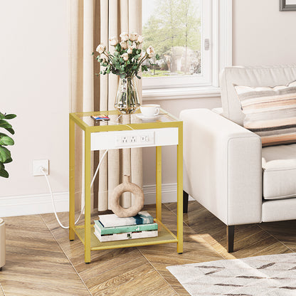 HOOBRO Tempered Glass Side Table with Charging Station / 2PICS