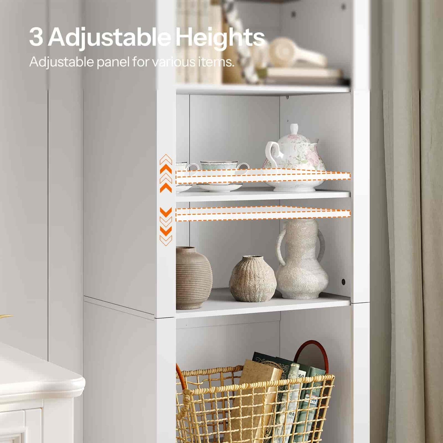 White storage cabinet with adjustable shelves displaying various items.