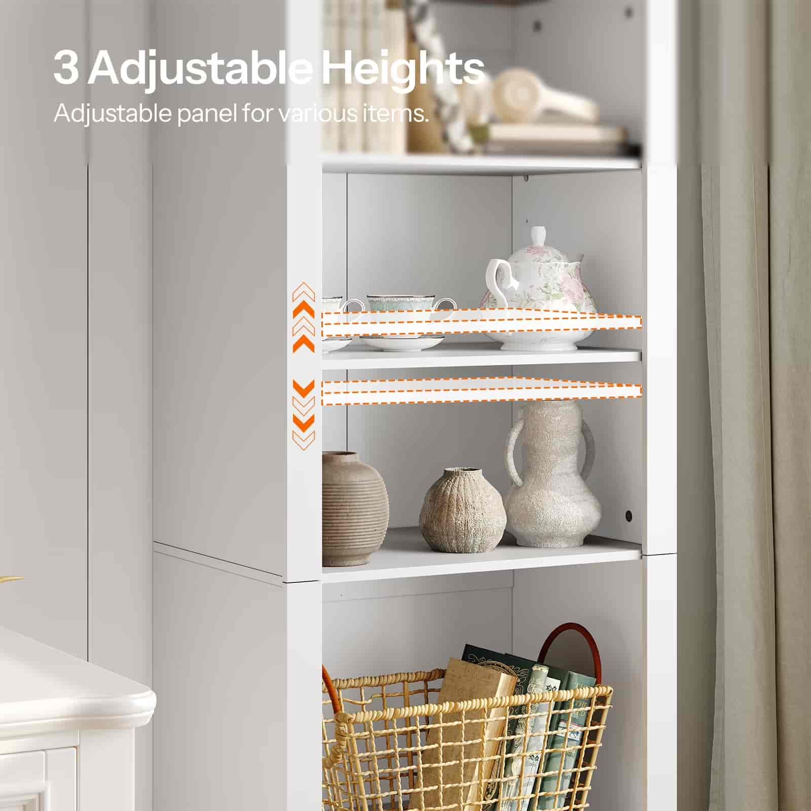 White storage cabinet with adjustable shelves displaying various items.