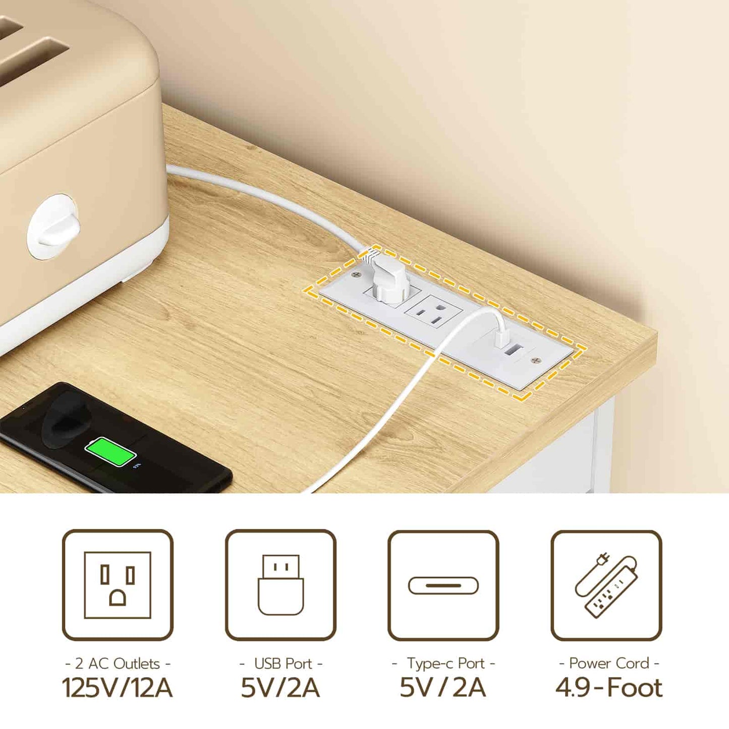 Power strip with multiple outlets and ports on a wooden surface