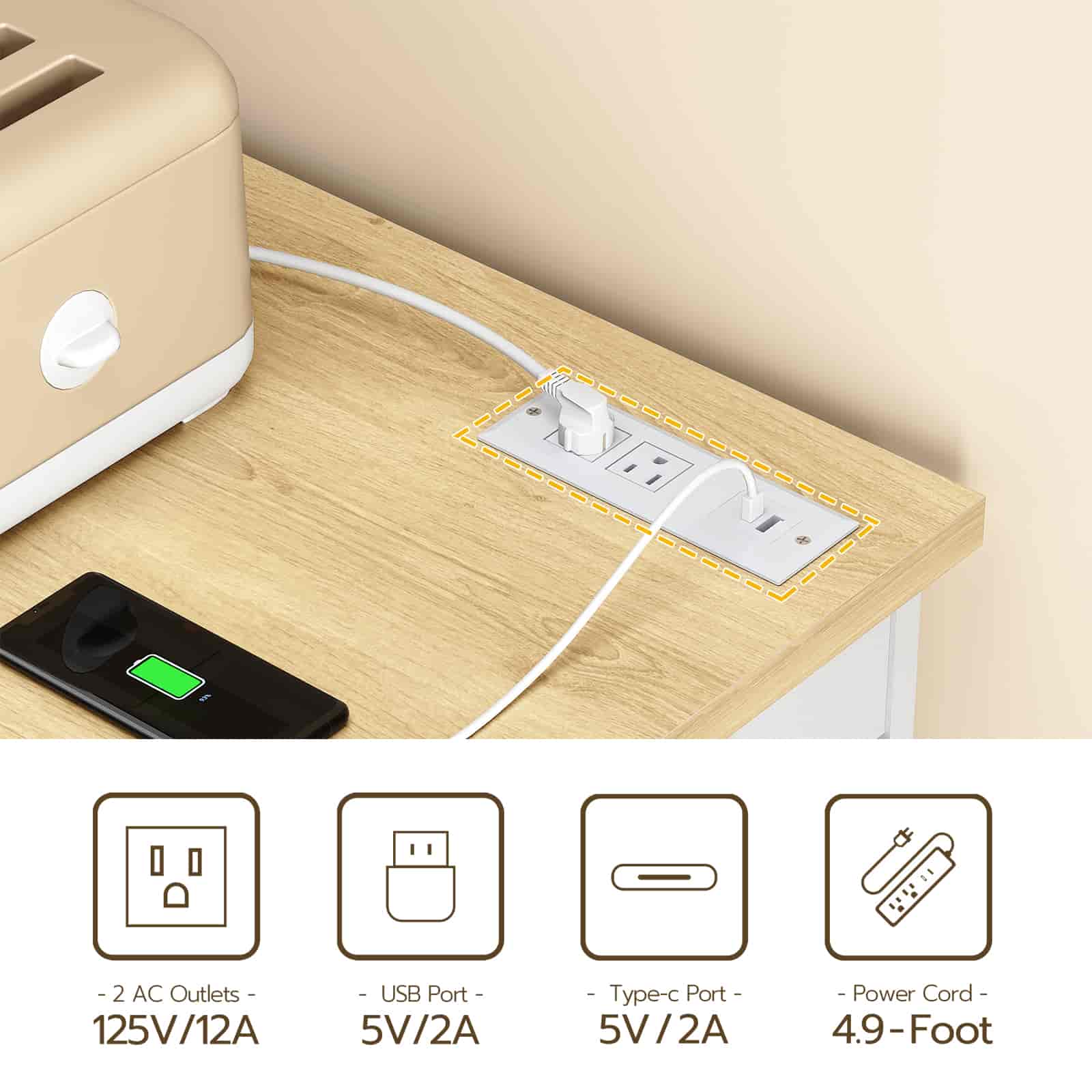 Power strip with multiple outlets and ports on a wooden surface