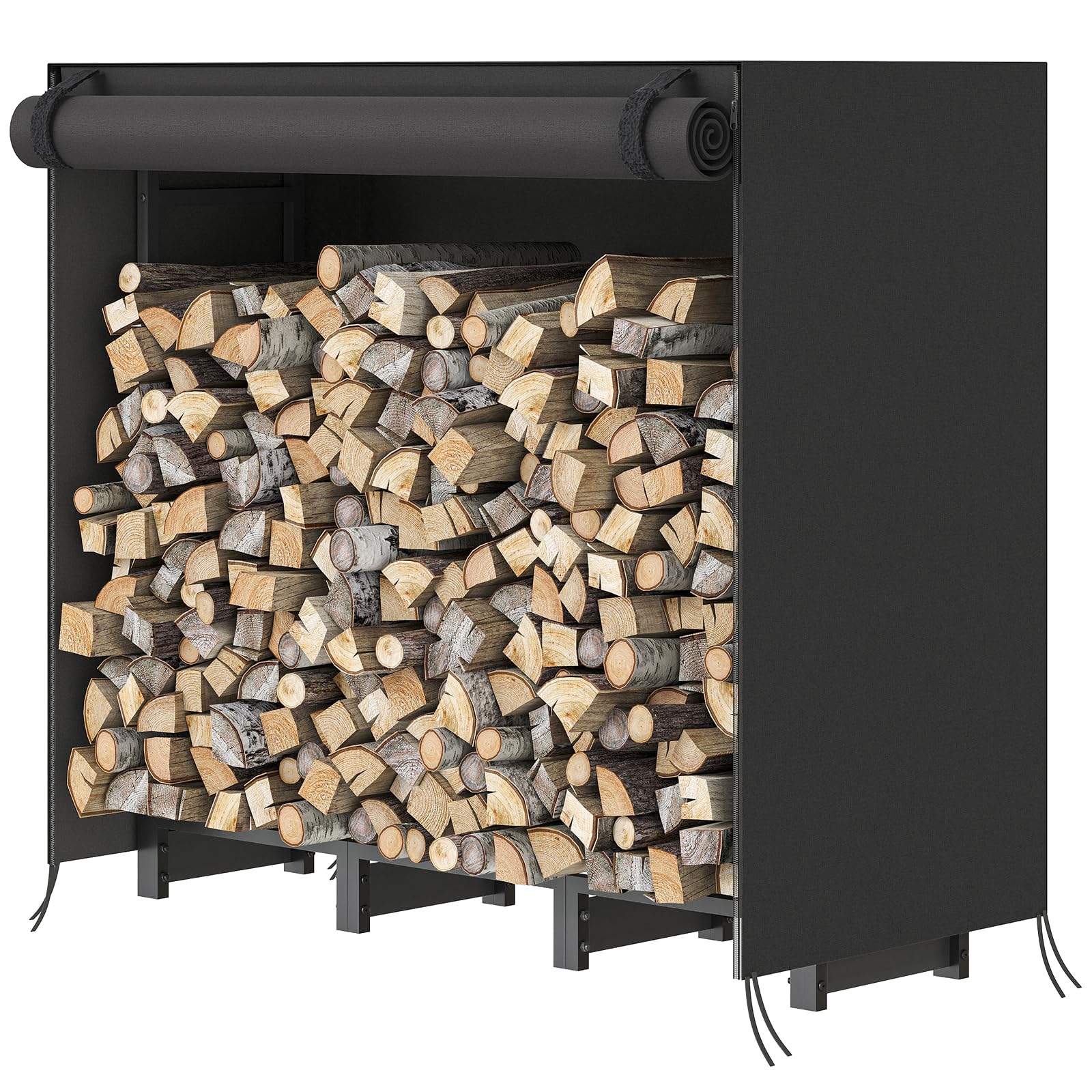 4ft outdoor firewood rack log holder neatly stacked with wood and covered with a black protective top.