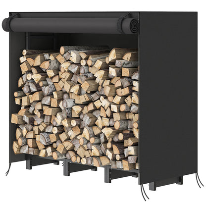 4ft outdoor firewood rack log holder neatly stacked with wood and covered with a black protective top.