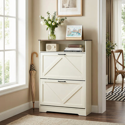 HOOBRO 31.5-inch L Farmhouse Shoe Storage Cabinet with 2 Flip Drawers