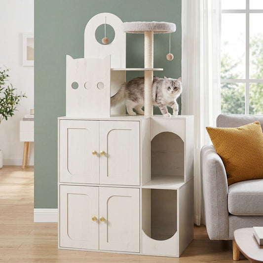 White cat tree with a cat on top in a living room setting
