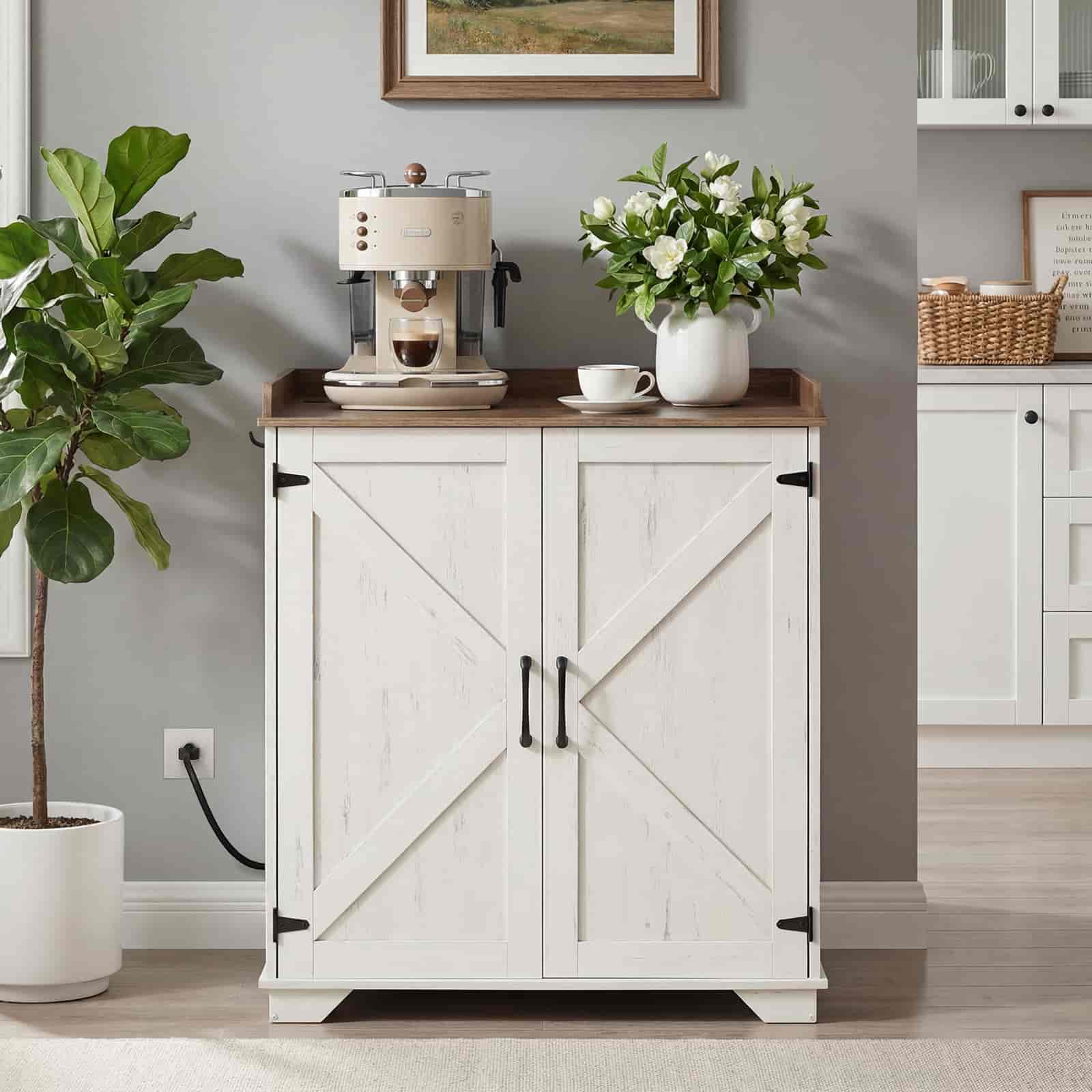 White cabinet with wooden top in a kitchen setting with coffee maker and flowers.