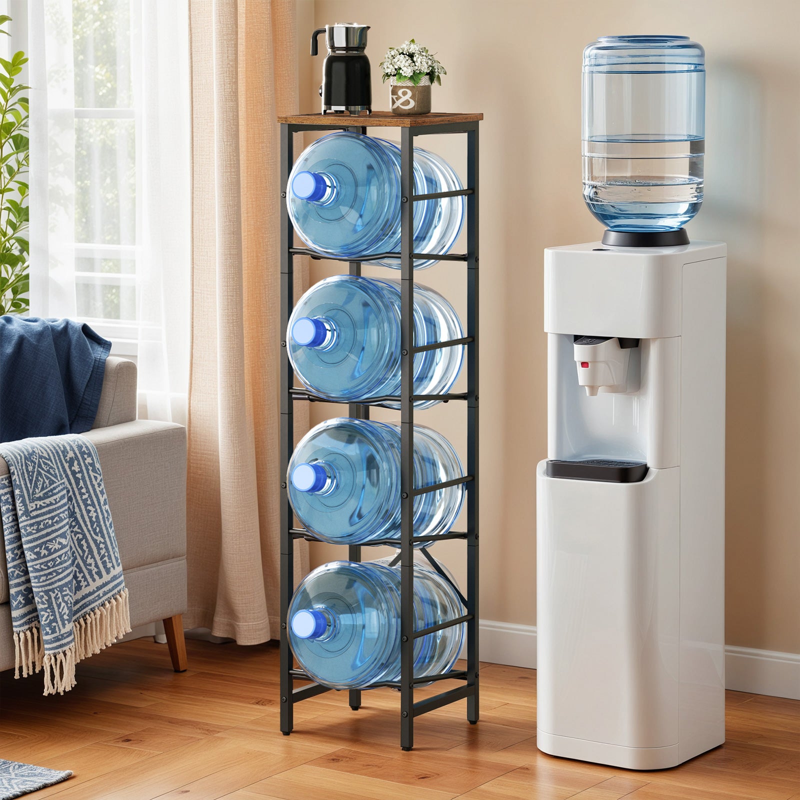 Heavy-duty 4-tier 5-gallon water bottle holder rack standing next to a water dispenser in a living room.