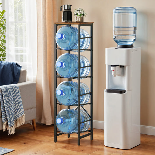 Heavy-duty 4-tier 5-gallon water bottle holder rack standing next to a water dispenser in a living room.
